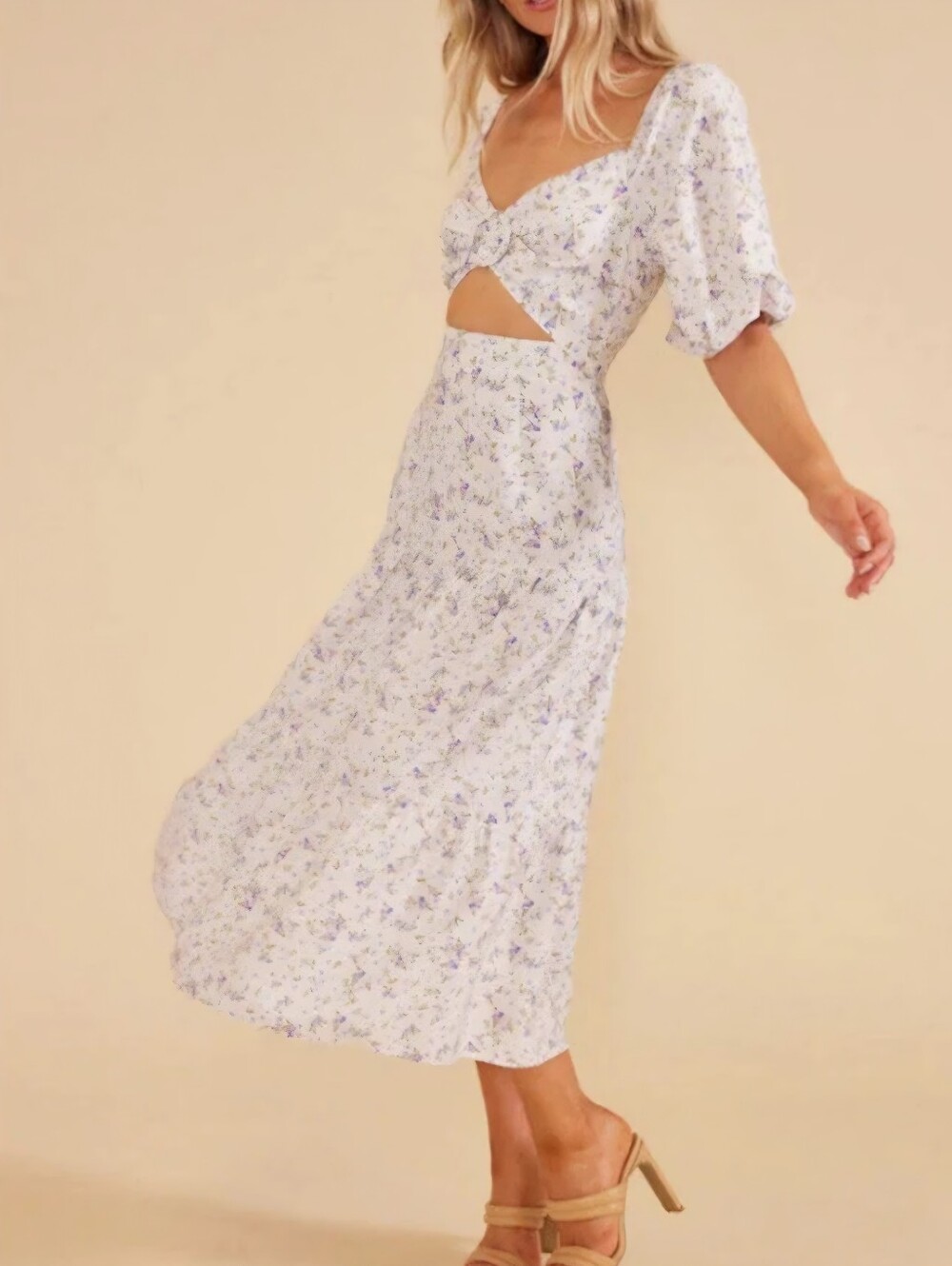 MINKPINK Cream Floral Tie-Front Midi Dress with Puff Sleeves